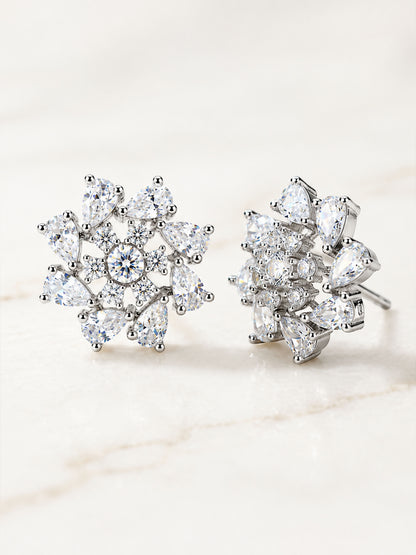 Rhodium Plated AD Floral Stud Earrings for Women