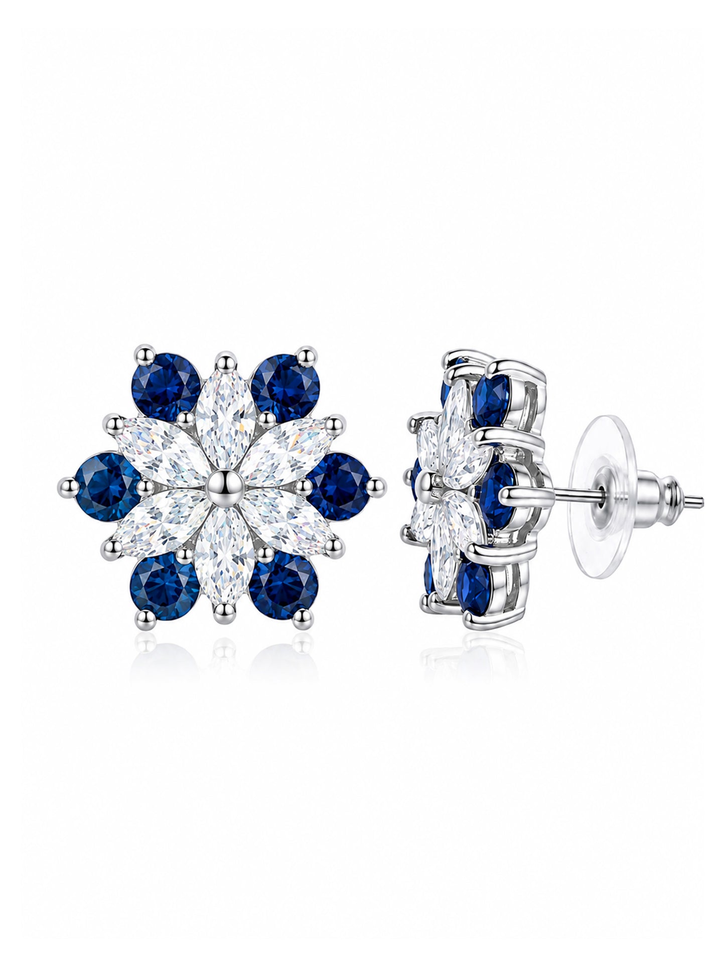 Silver Plated Blue Floral Stud Earrings for Women