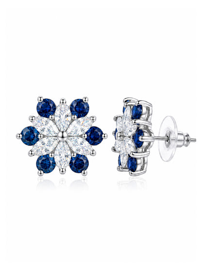Silver Plated Blue Floral Stud Earrings for Women