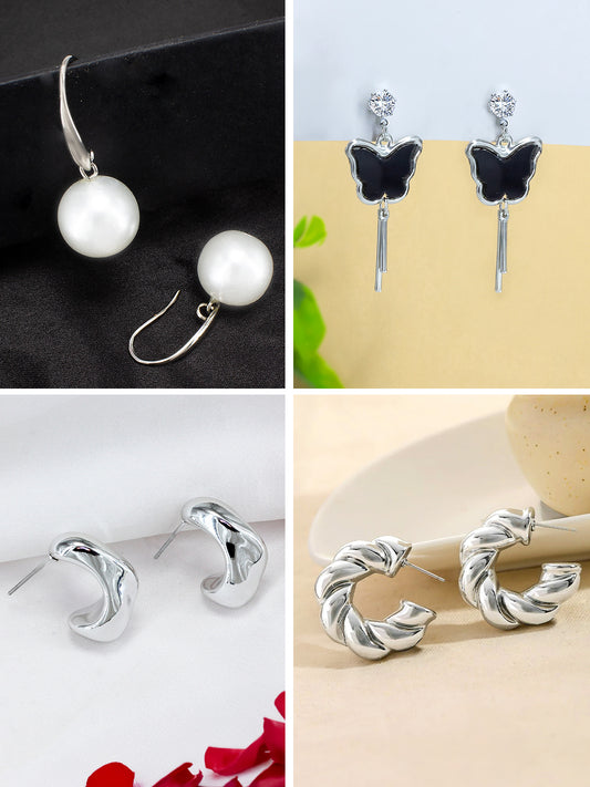 Set of 4 Silver-Plated Quirky Half Hoop & Drop Earrings