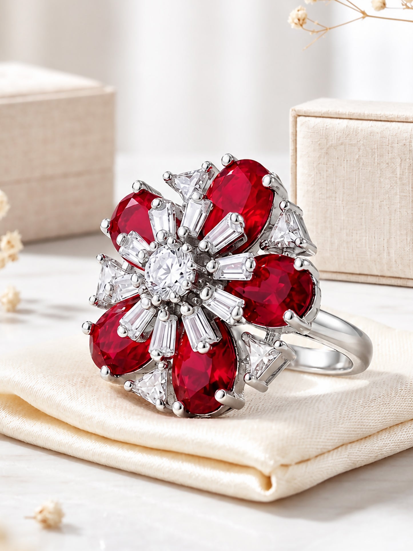Rhodium Plated Red AD Floral Finger Ring for Women