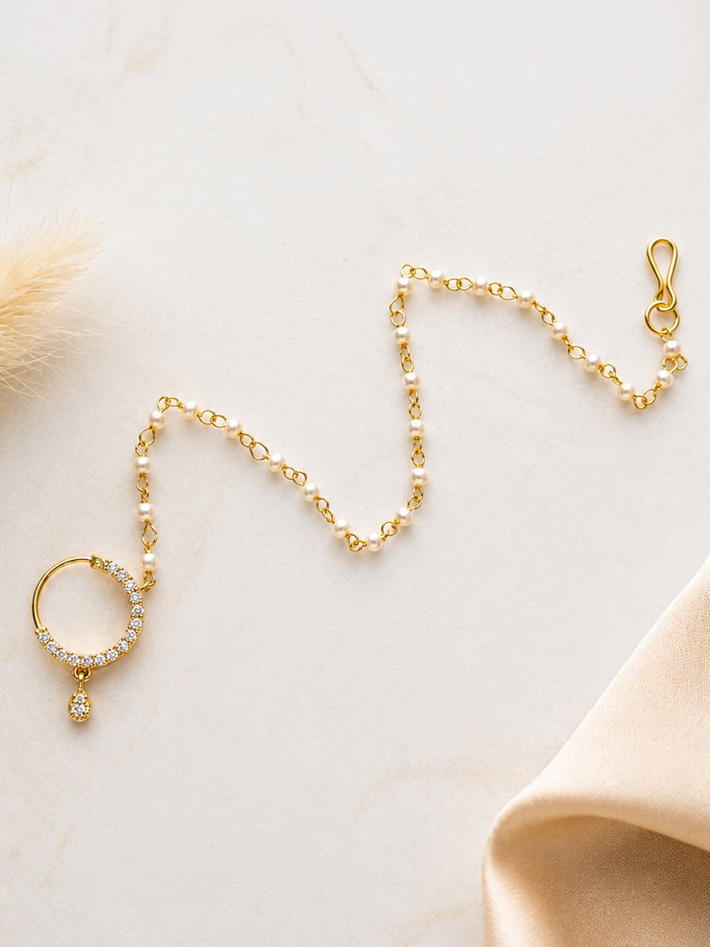 Gold Plated AD Nosering with Pearl Chain for Women