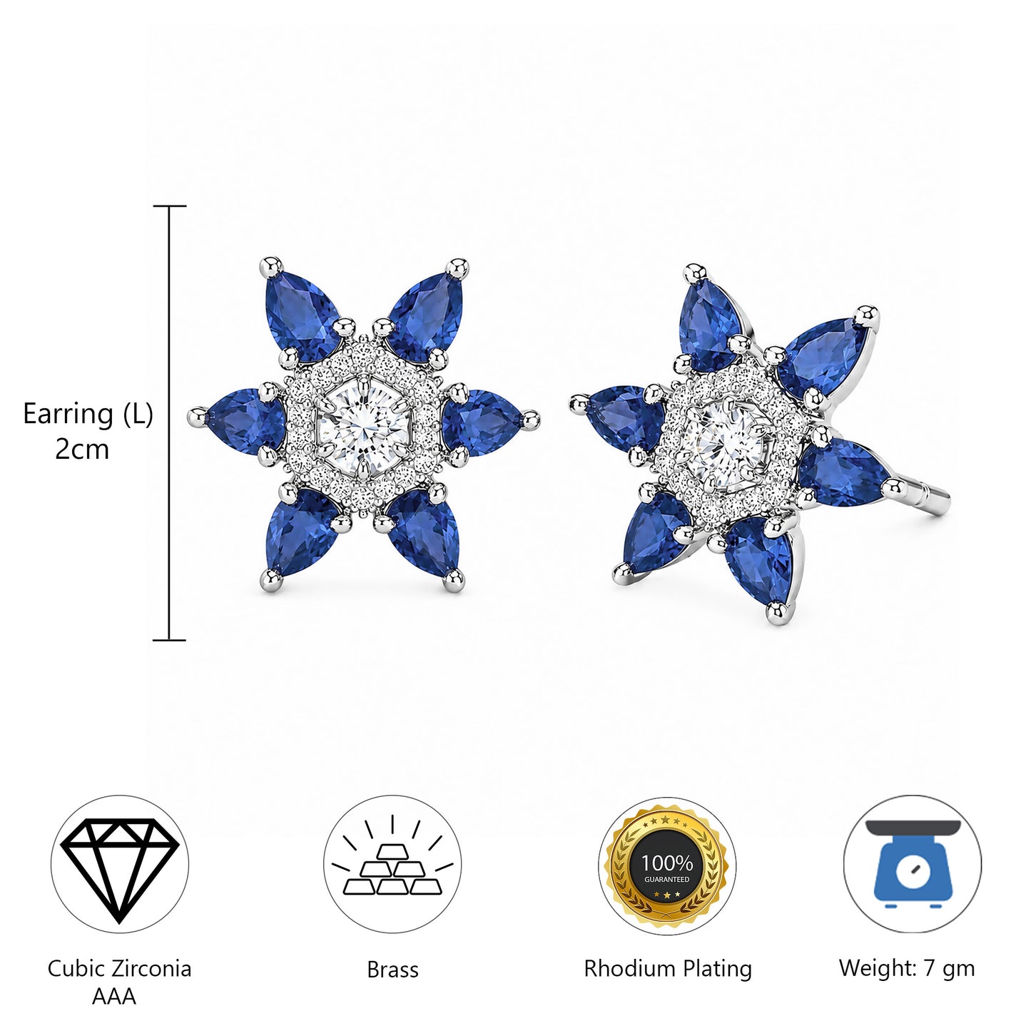 Silver Plated Blue AD Floral Stud Earrings for Women