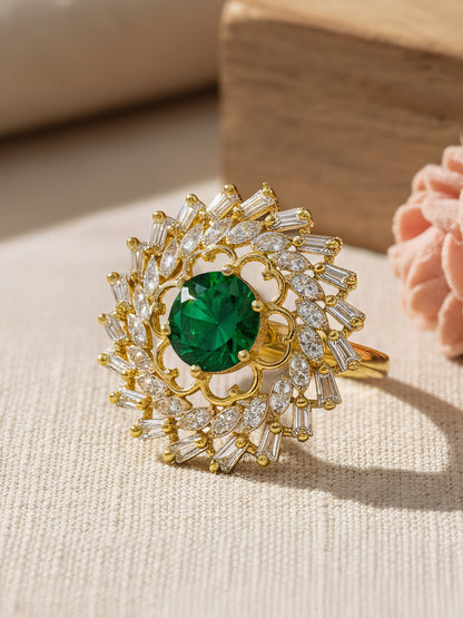 Gold Plated Green AD Adjustable Floral Ring for Women