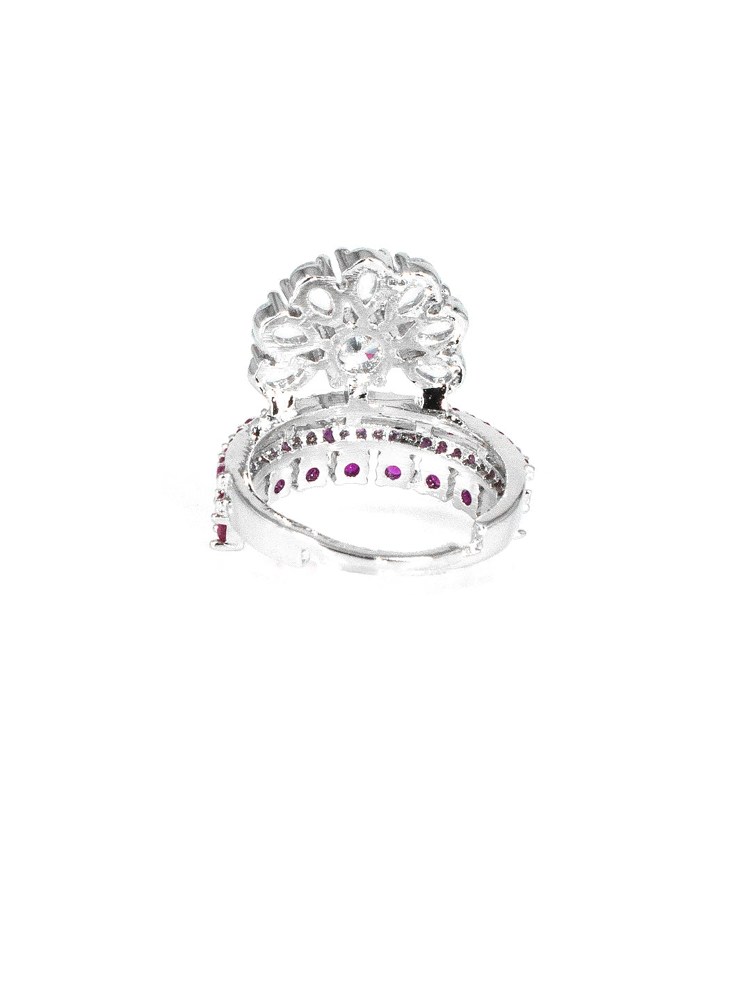 Silver-Plated American-Diamond Designer Floral Adjustable Finger Ring
