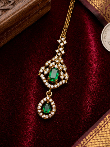 Antique Gold Plated Green AD Maang Tikka for Women