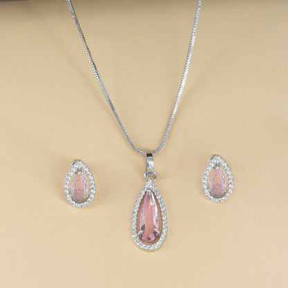 Rhodium Plated Pink Tear Drop American Diamond Pendant Set