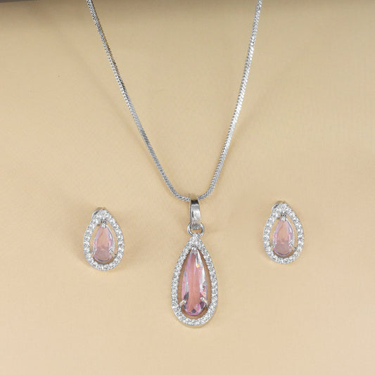 Rhodium Plated Pink Tear Drop American Diamond Pendant Set