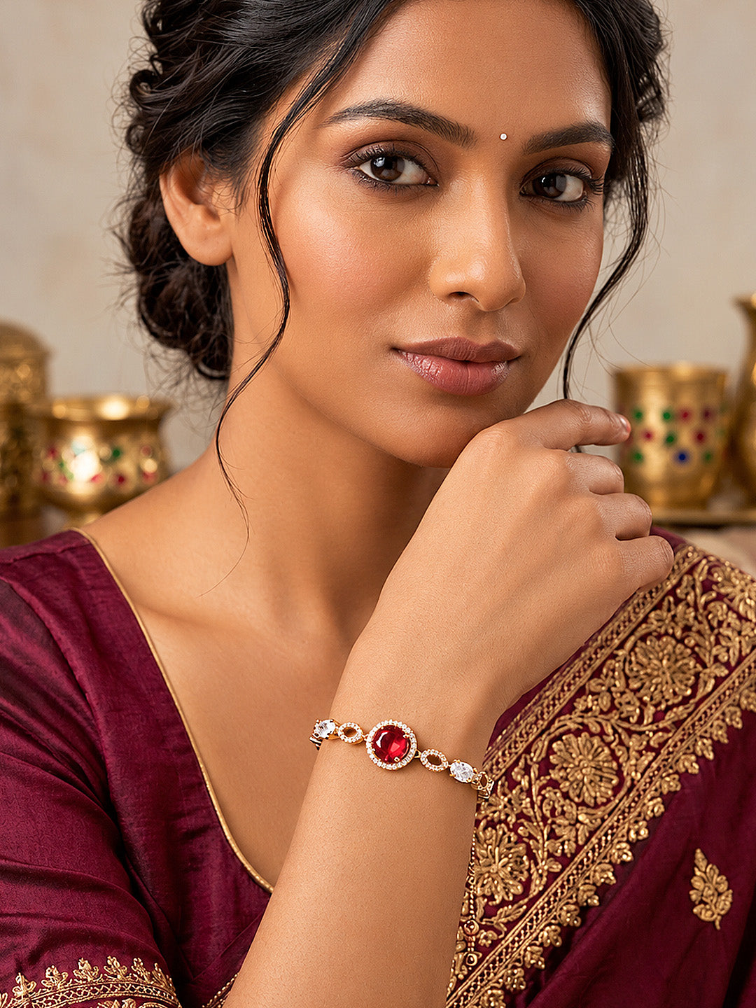 Antique Gold Plated Red AD Adjustable Bracelet for Women