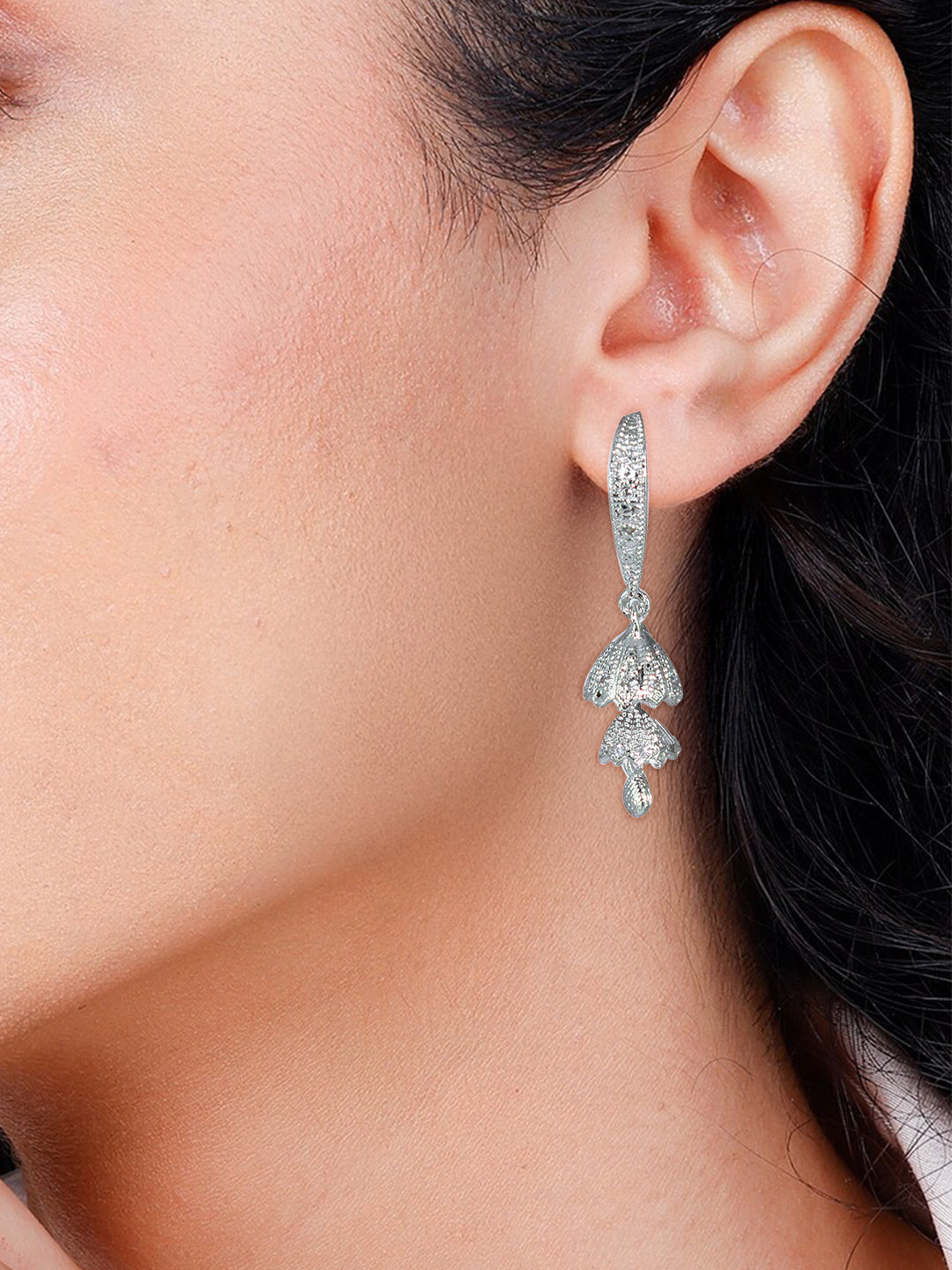 Silver Plated American Diamond Small Double Jhumki Earrings