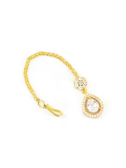 Gold Plated White AD Teardrop Maang Tikka for Women