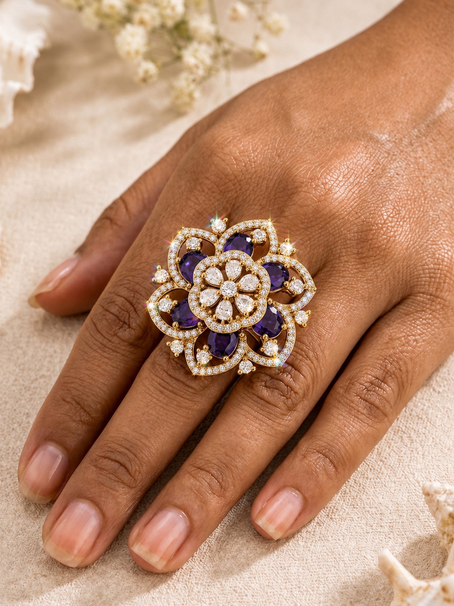 Antique Gold Plated Purple AD Finger Ring for Women
