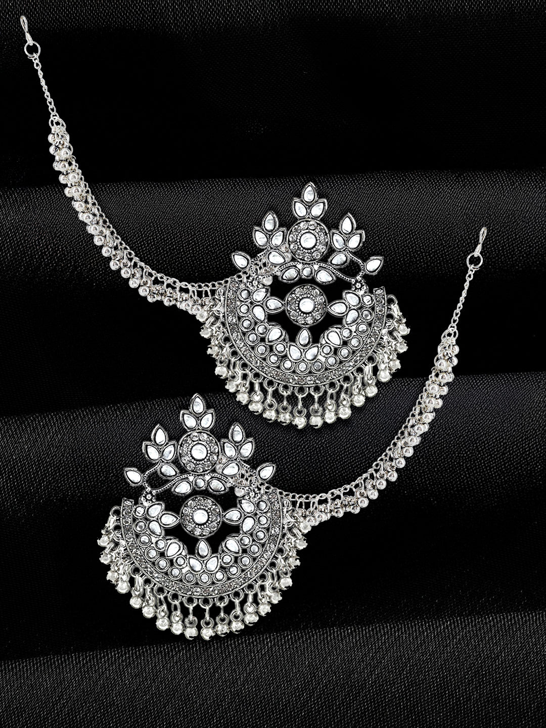 Silver-Oxidised Floral Chandbali Kundan Earrings With Ear Chain