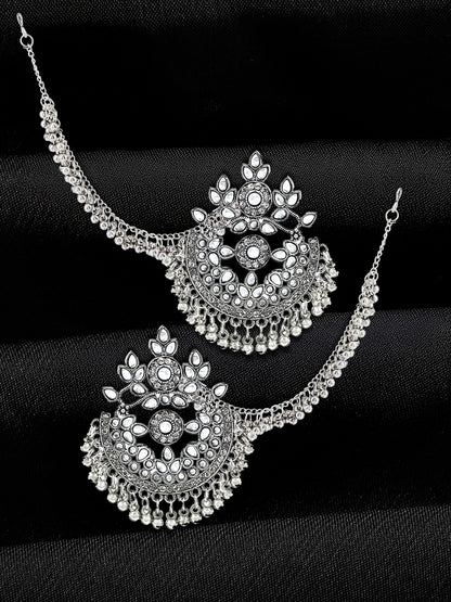 Silver-Oxidised Floral Chandbali Kundan Earrings With Ear Chain