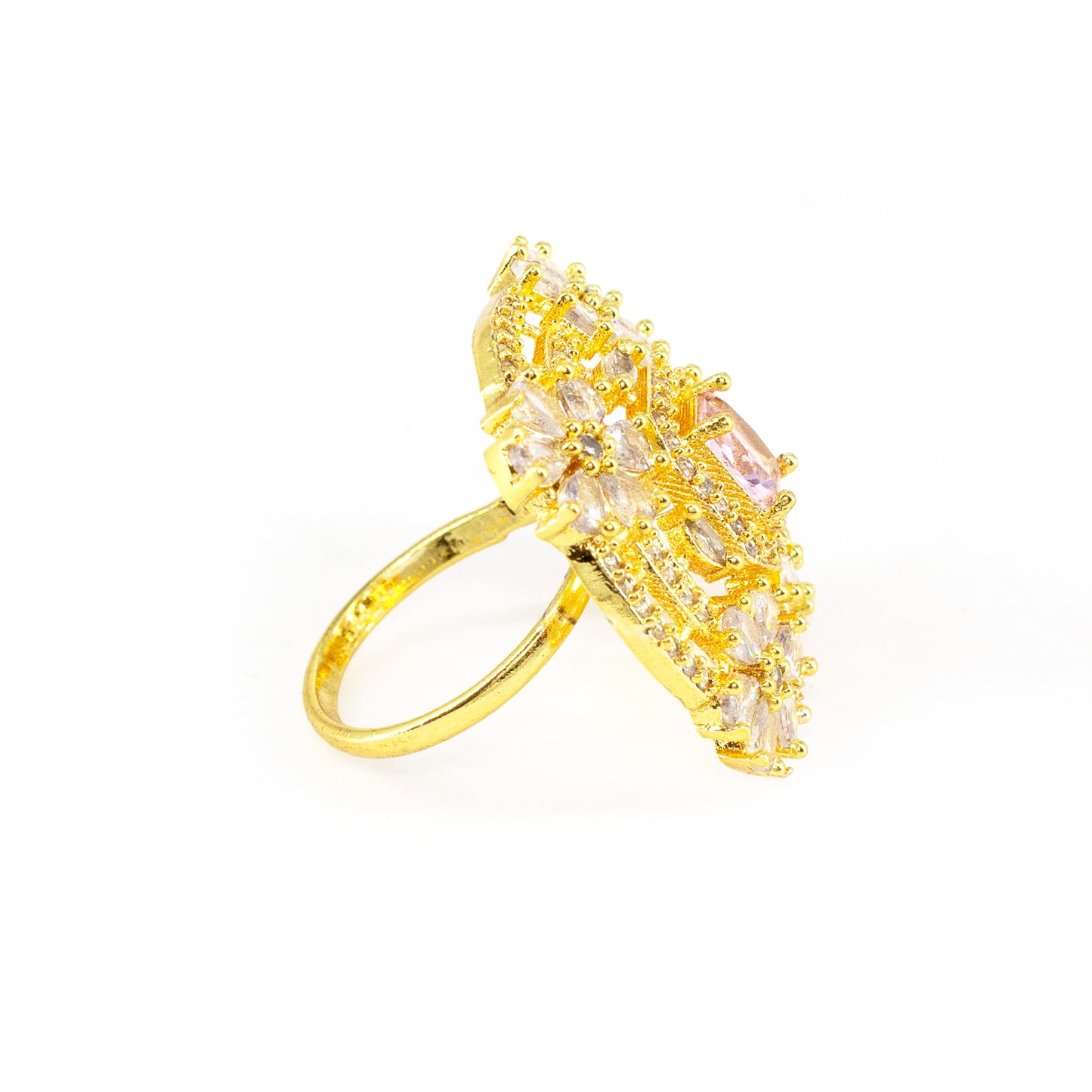 Gold Plated Pink AD Floral Finger Ring for Women