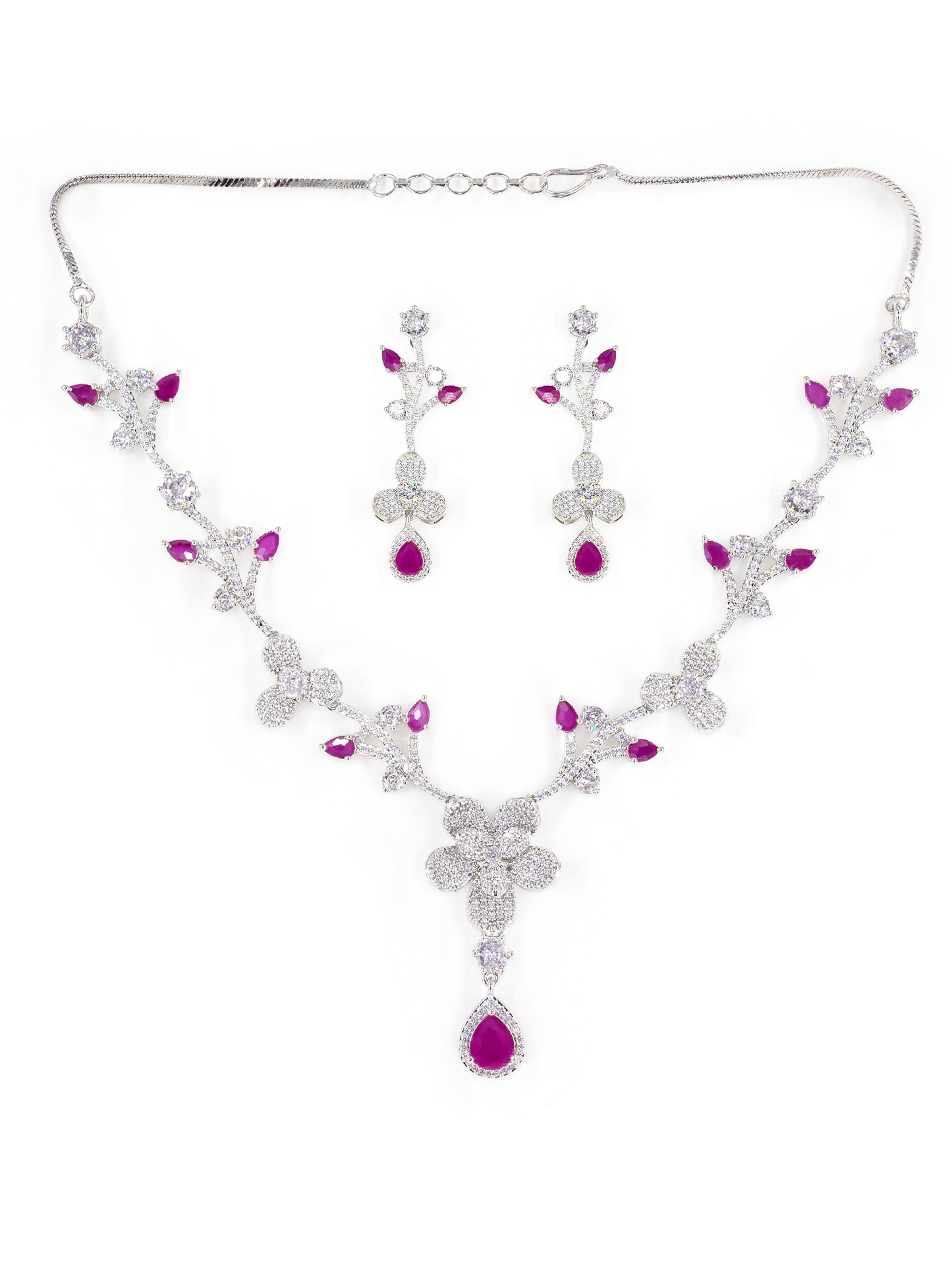 Silver Plated Red & White American Diamond Designer Jewellery Set