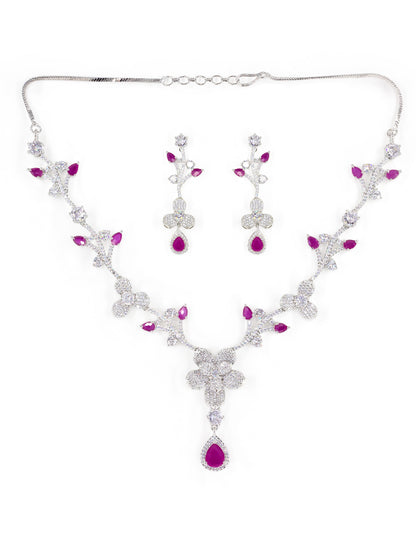 Silver Plated Red & White American Diamond Designer Jewellery Set