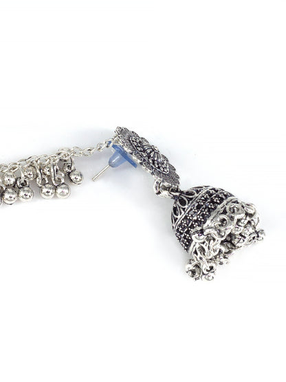 Silver-Oxidised Floral Jhumka Earrings With Ear Chain
