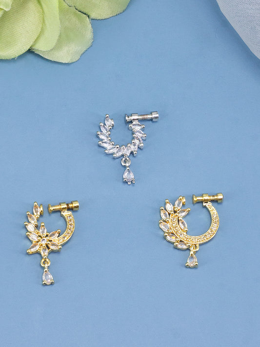 Set of Three Rhodium & Gold Plated American Diamond Non Piercing Nosepin