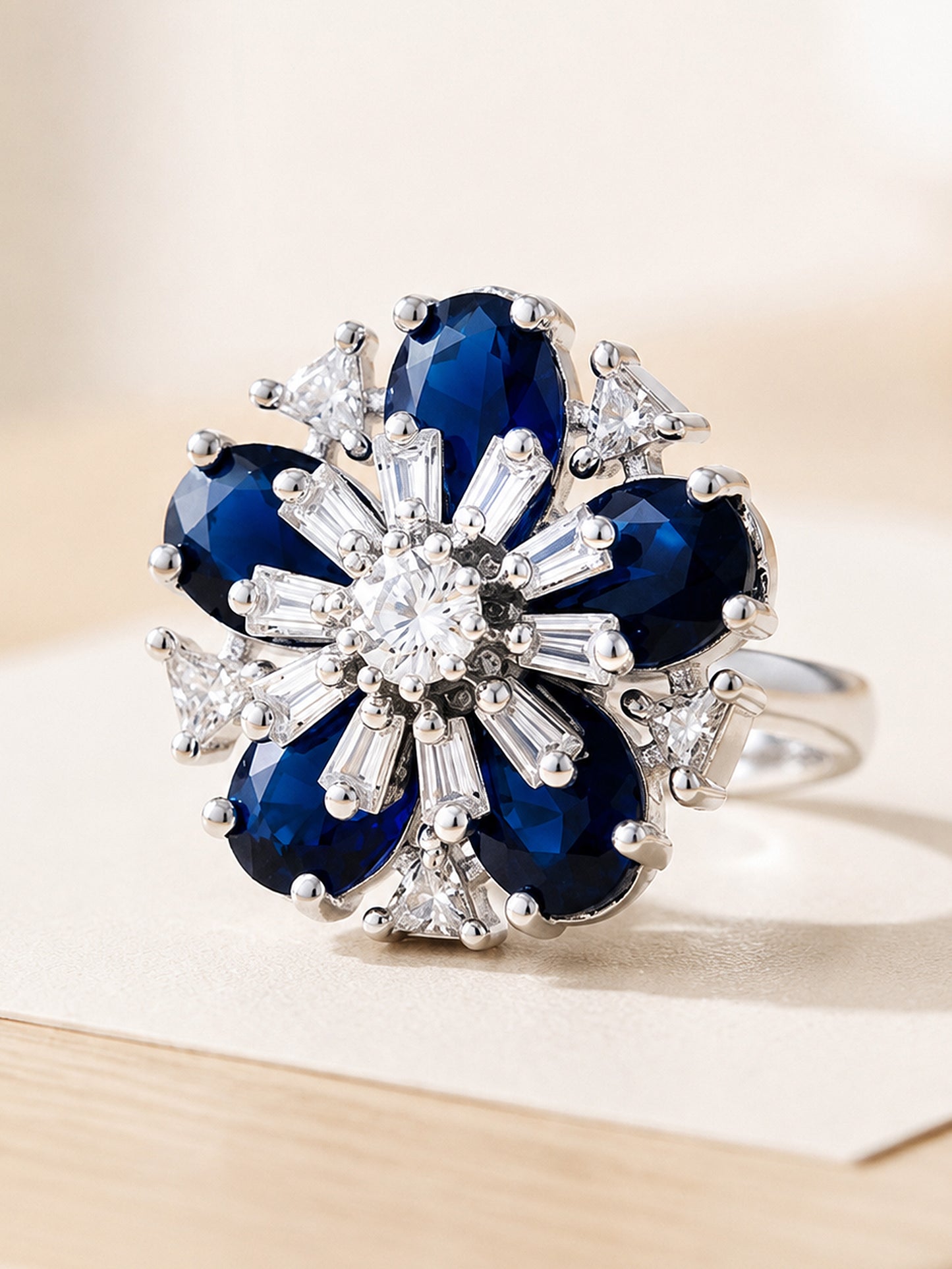 Rhodium Plated Blue AD Floral Finger Ring for Women