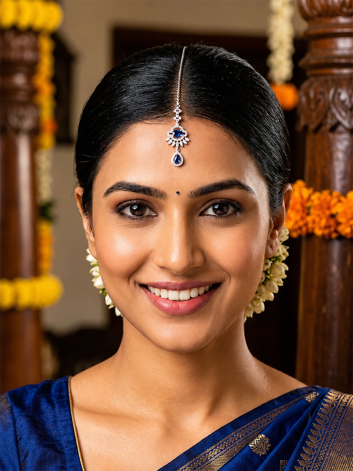 Silver Plated Blue AD Maang Tikka for Women