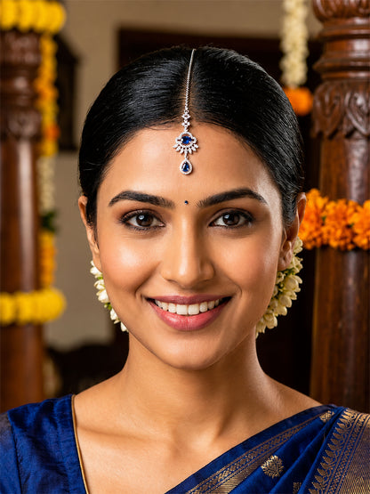 Silver Plated Blue AD Maang Tikka for Women