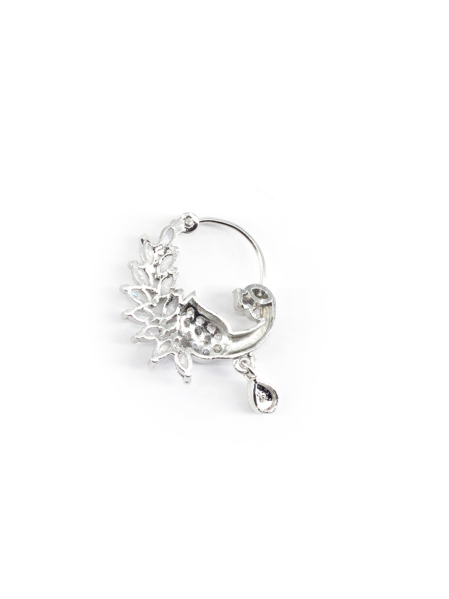 Silver Plated White AD Peacock Nose Ring for Women