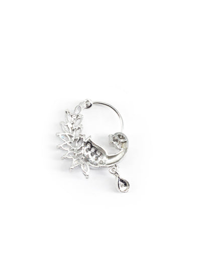 Silver Plated White AD Peacock Nose Ring for Women