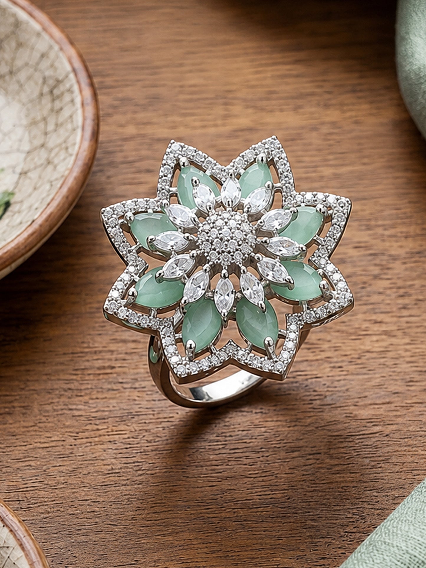 Silver Plated Green AD Floral Finger Ring for Women