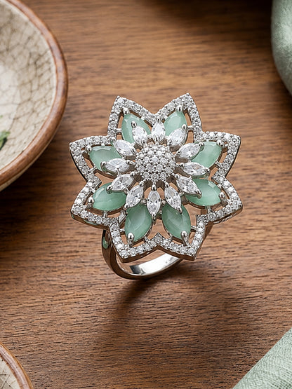 Silver Plated Green AD Floral Finger Ring for Women