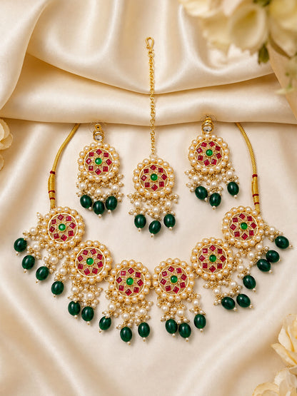Gold-Plated Kundan Studded & Beaded Statement Jewellery Set