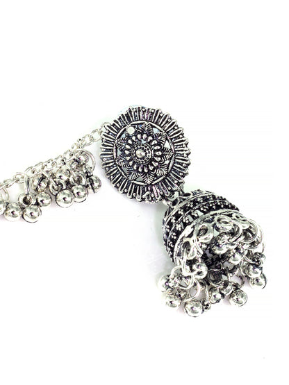 Silver-Oxidised Floral Jhumka Earrings With Hair Chain