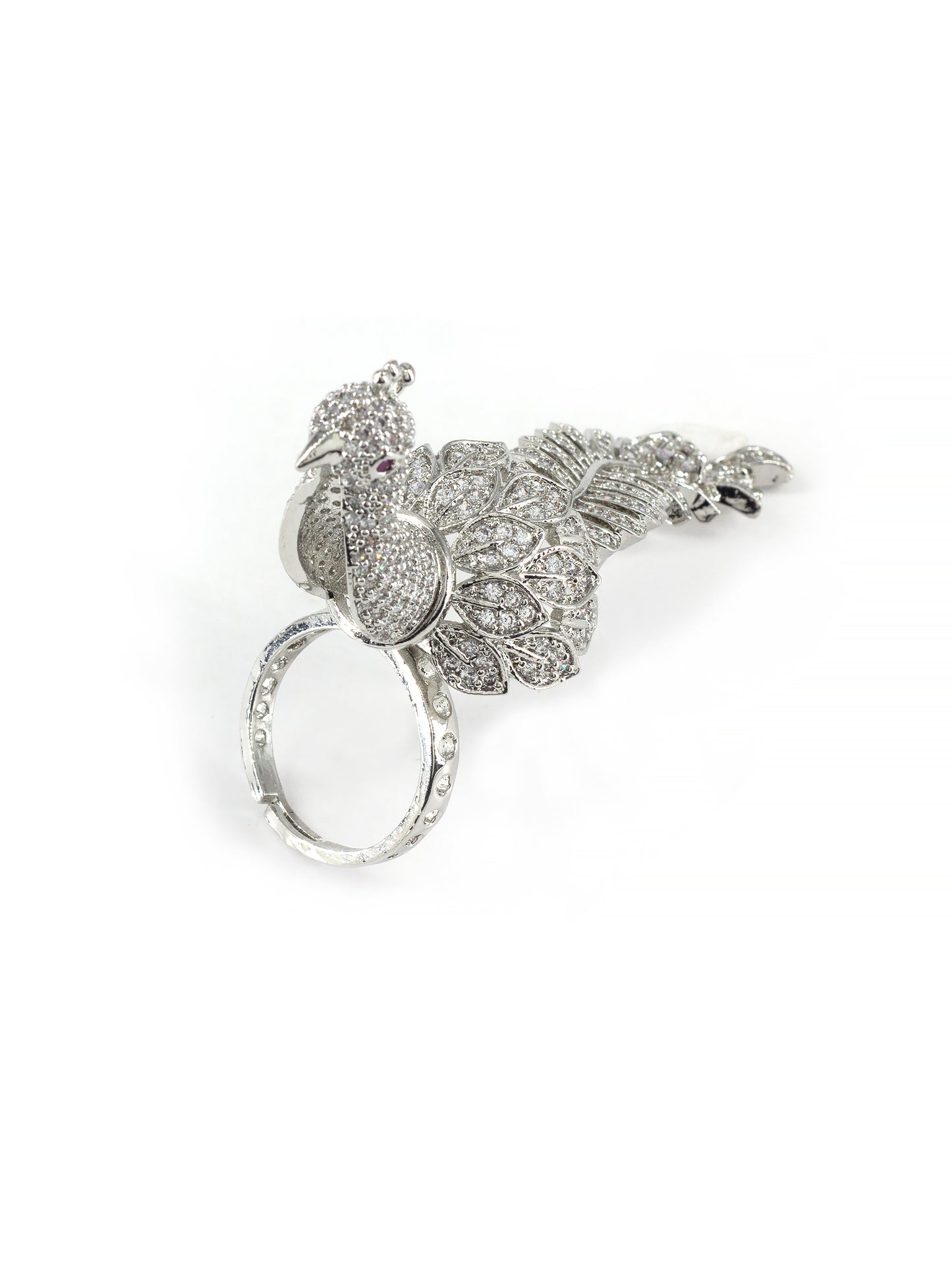 Silver Plated Peacock AD Adjustable Finger Ring for Women