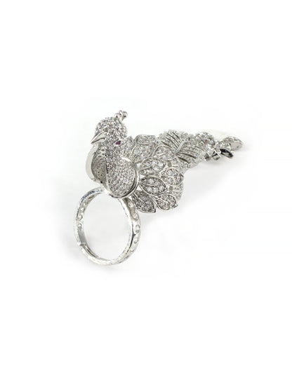 Silver Plated Peacock AD Adjustable Finger Ring for Women