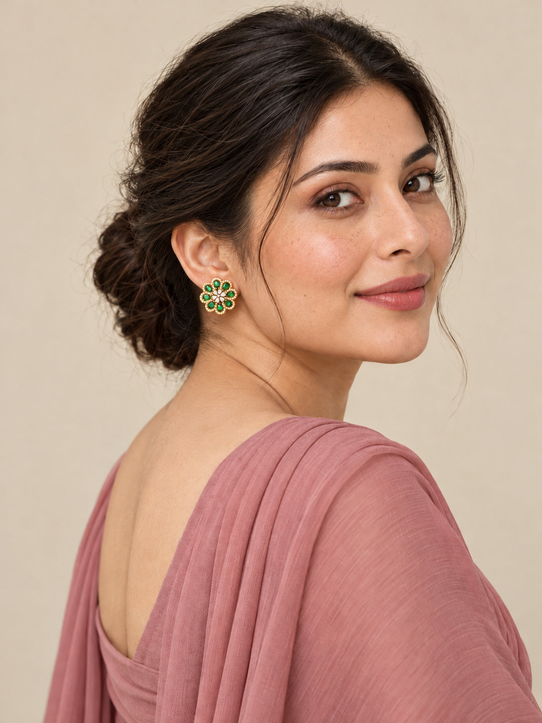 South Indian Gold Plated Green AD Floral Stud Earrings for Women