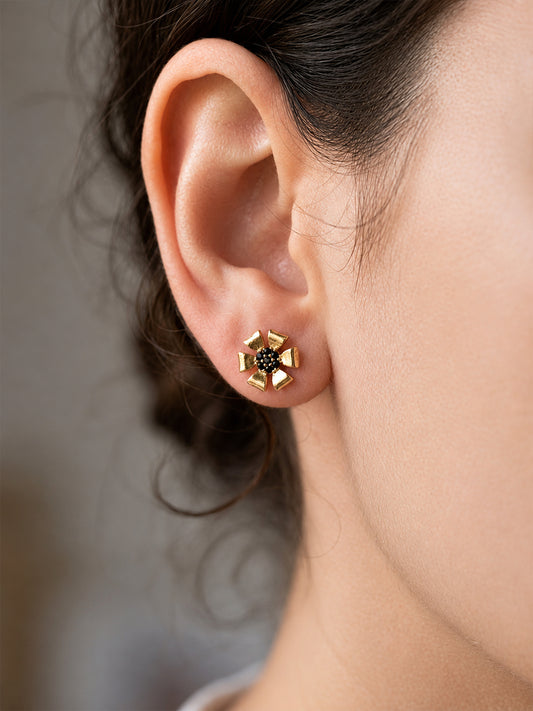 Gold Plated Black AD Floral Stud Earrings for Women