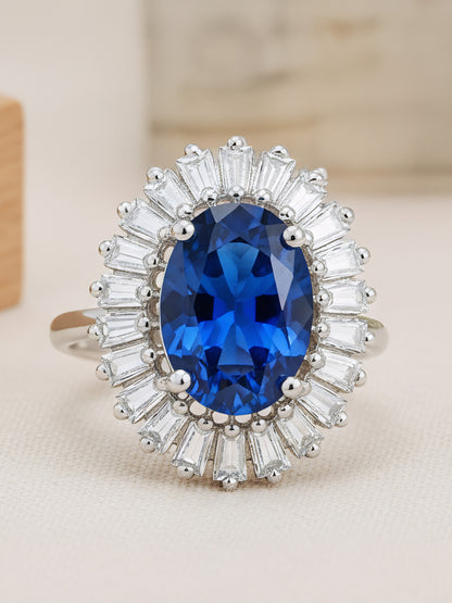 Rhodium Plated Blue AD Finger Ring for Women