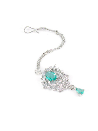 Silver Plated AD Mint Green Floral Drop Maang Tikka
