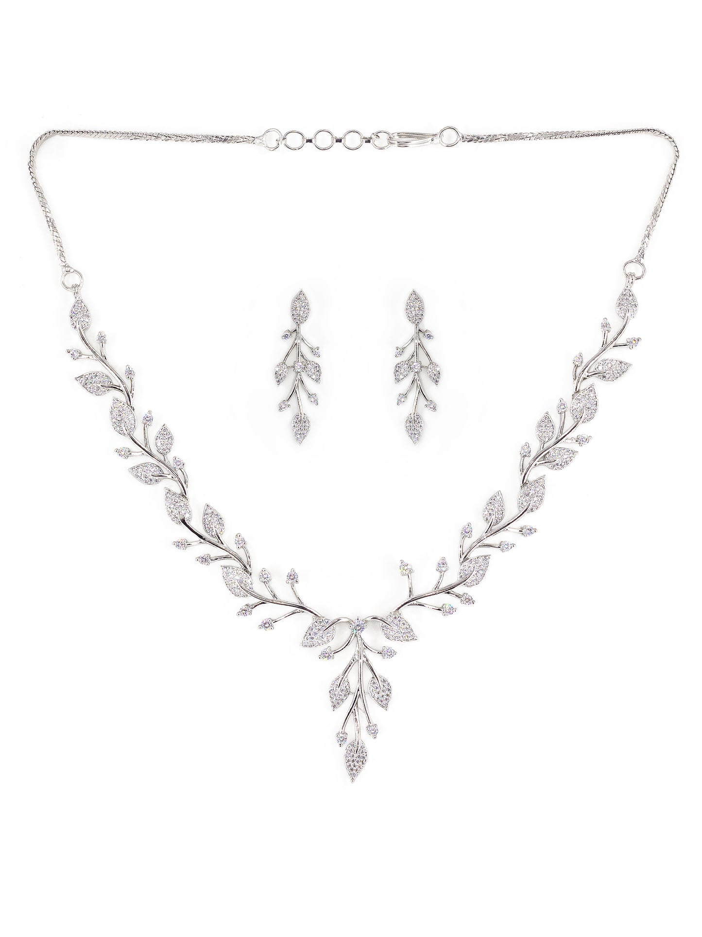 Silver Plated White AD Leaf Designer Jewellery Set