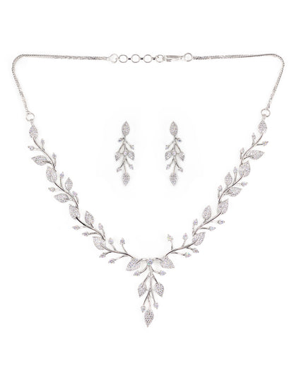 Silver Plated White AD Leaf Designer Jewellery Set