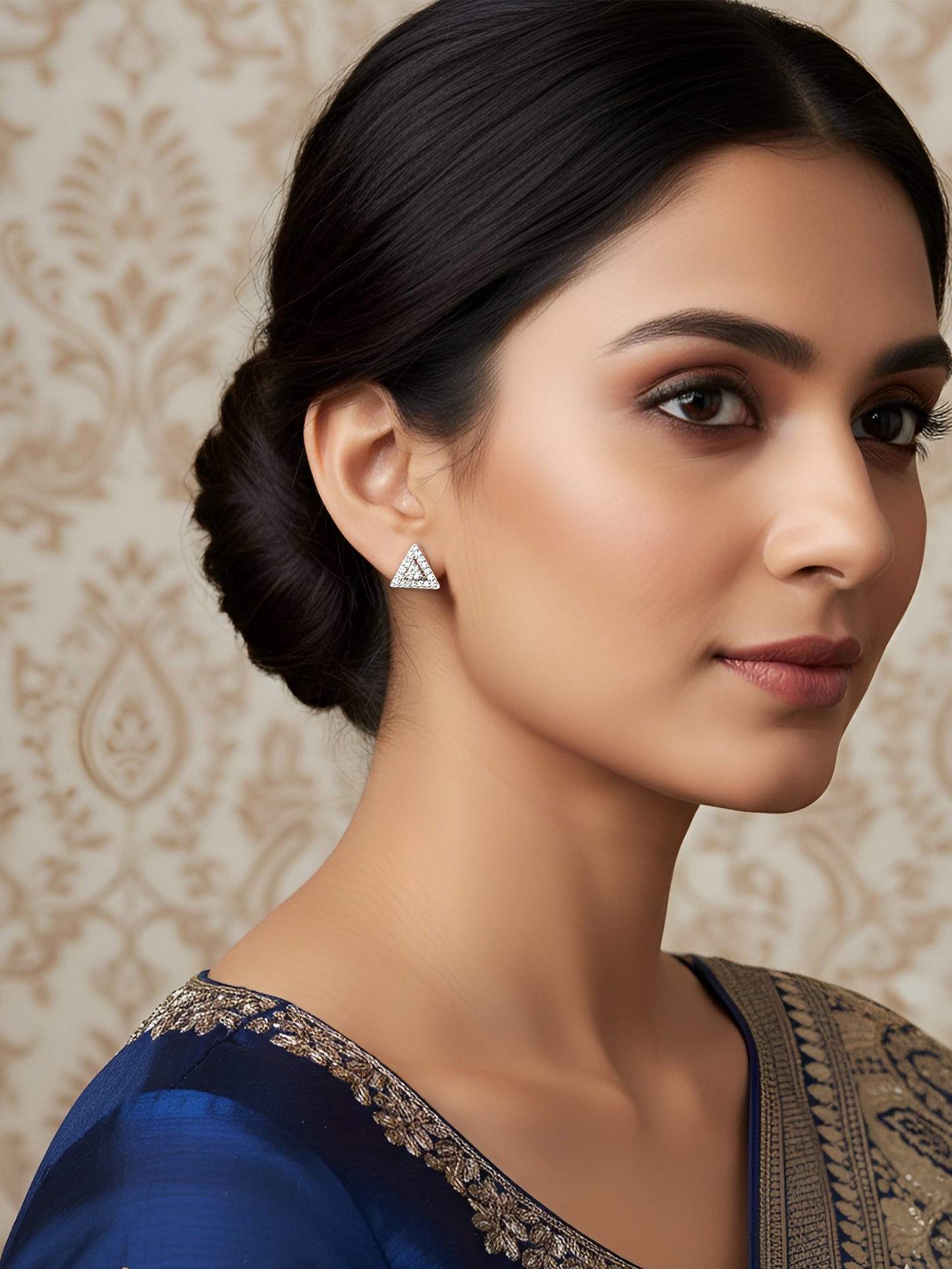 Rhodium Plated White AD Triangular Stud Earrings for Women