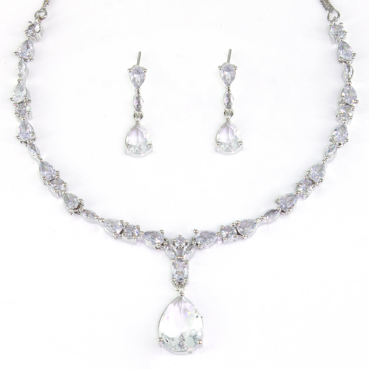 Rhodium-Plated Teardrop AD-Studded Jewellery Set