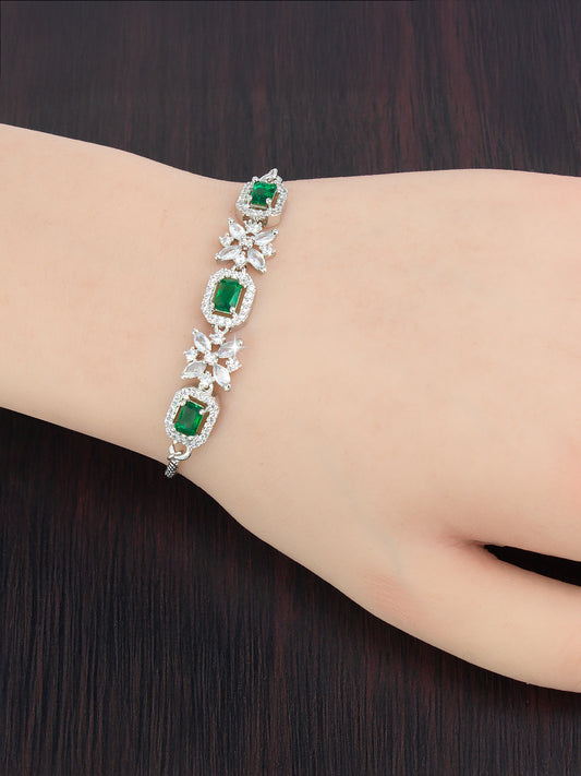 American Diamond Floral Design Green Adjustable Bracelet For Women and Girls