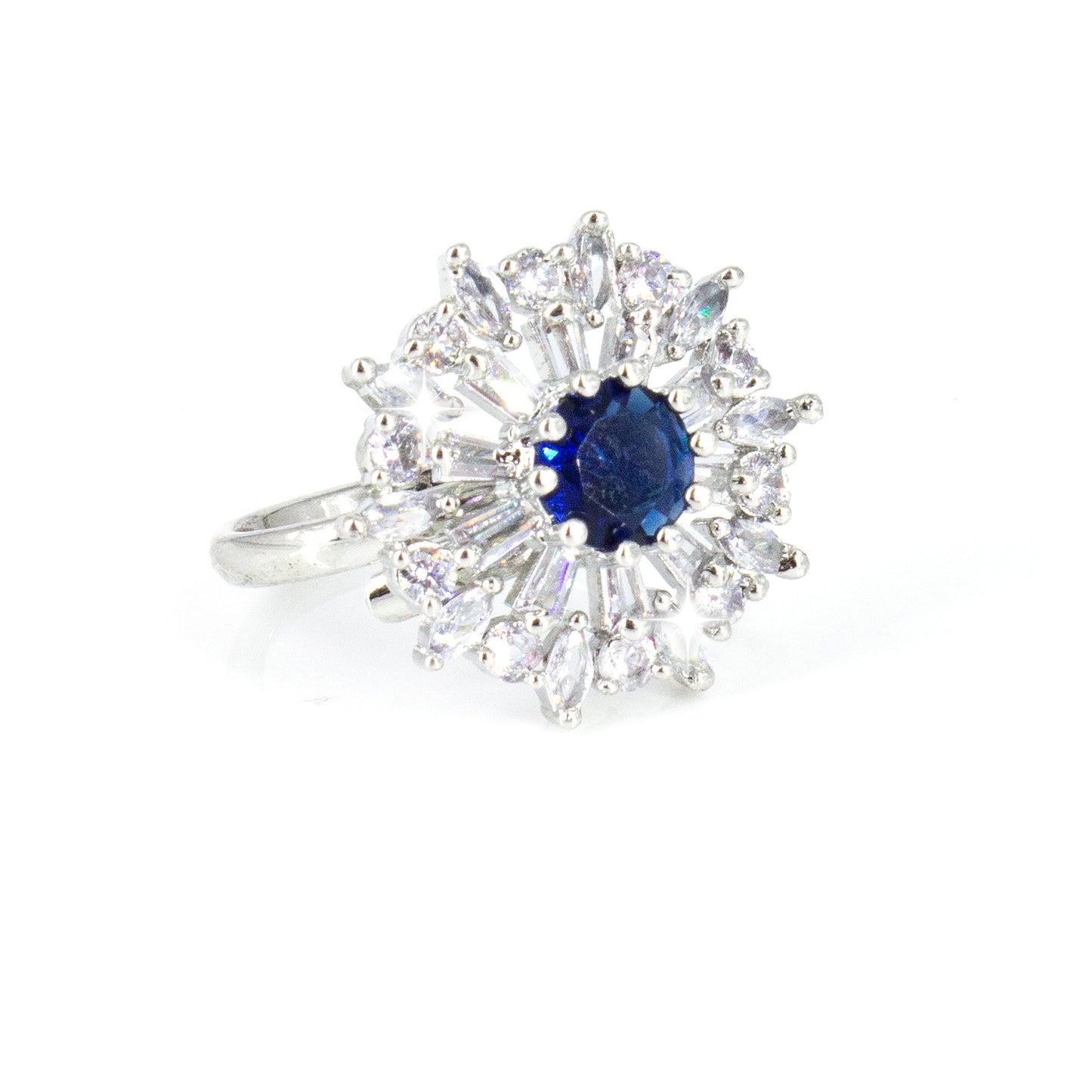 Silver-Plated American-Diamond Studded Floral Design Adjustable Finger Ring