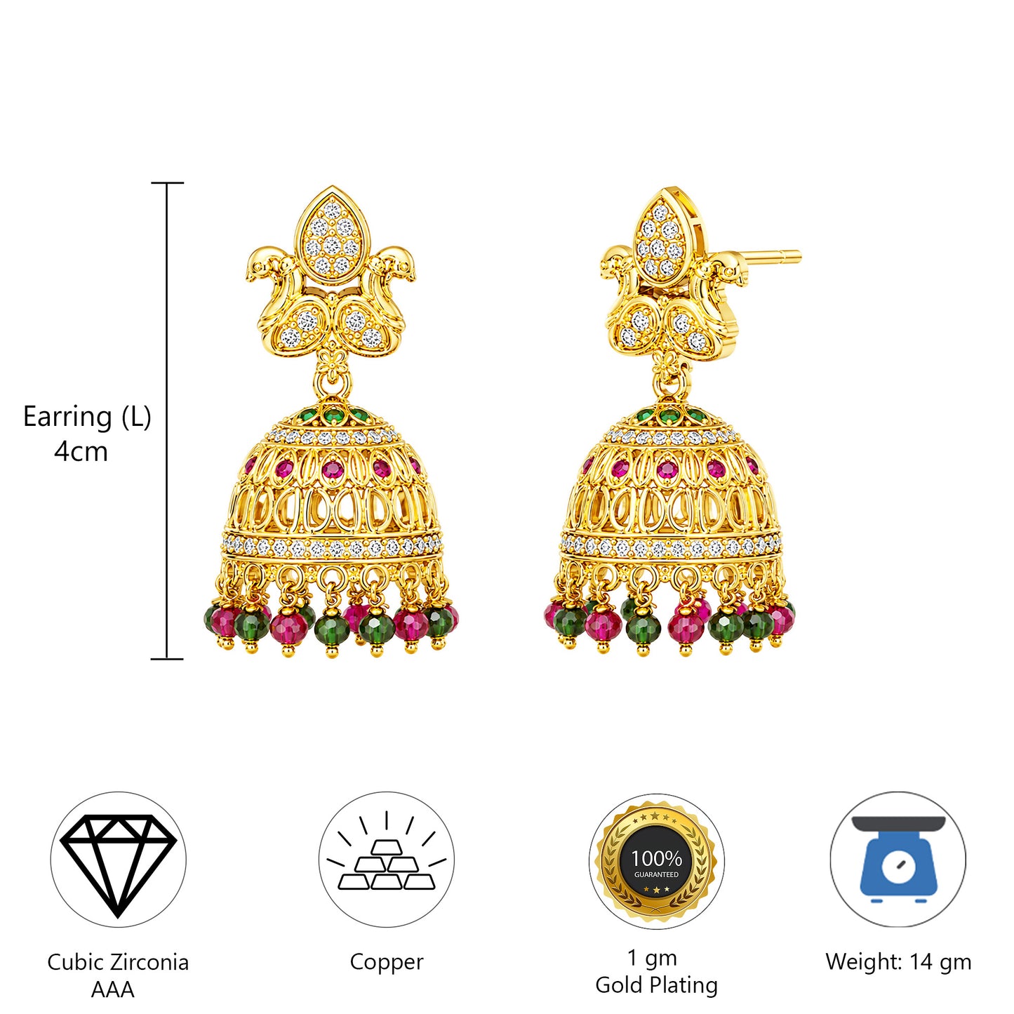 1 Gram Gold Plated AD Jhumka Earrings for Women