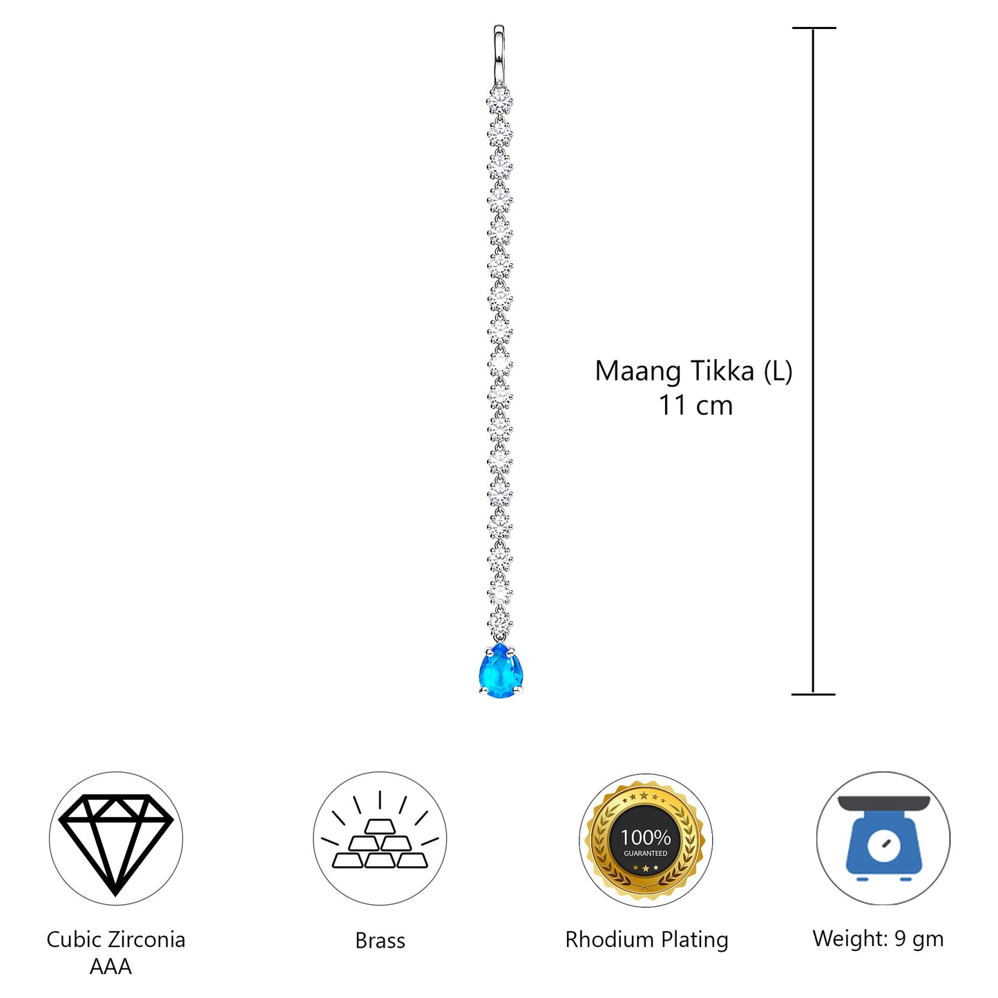 Rhodium Plated Blue AD Maang Tikka for Women