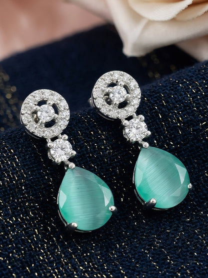Silver Plated Mint Green AD Drop Earrings for Women