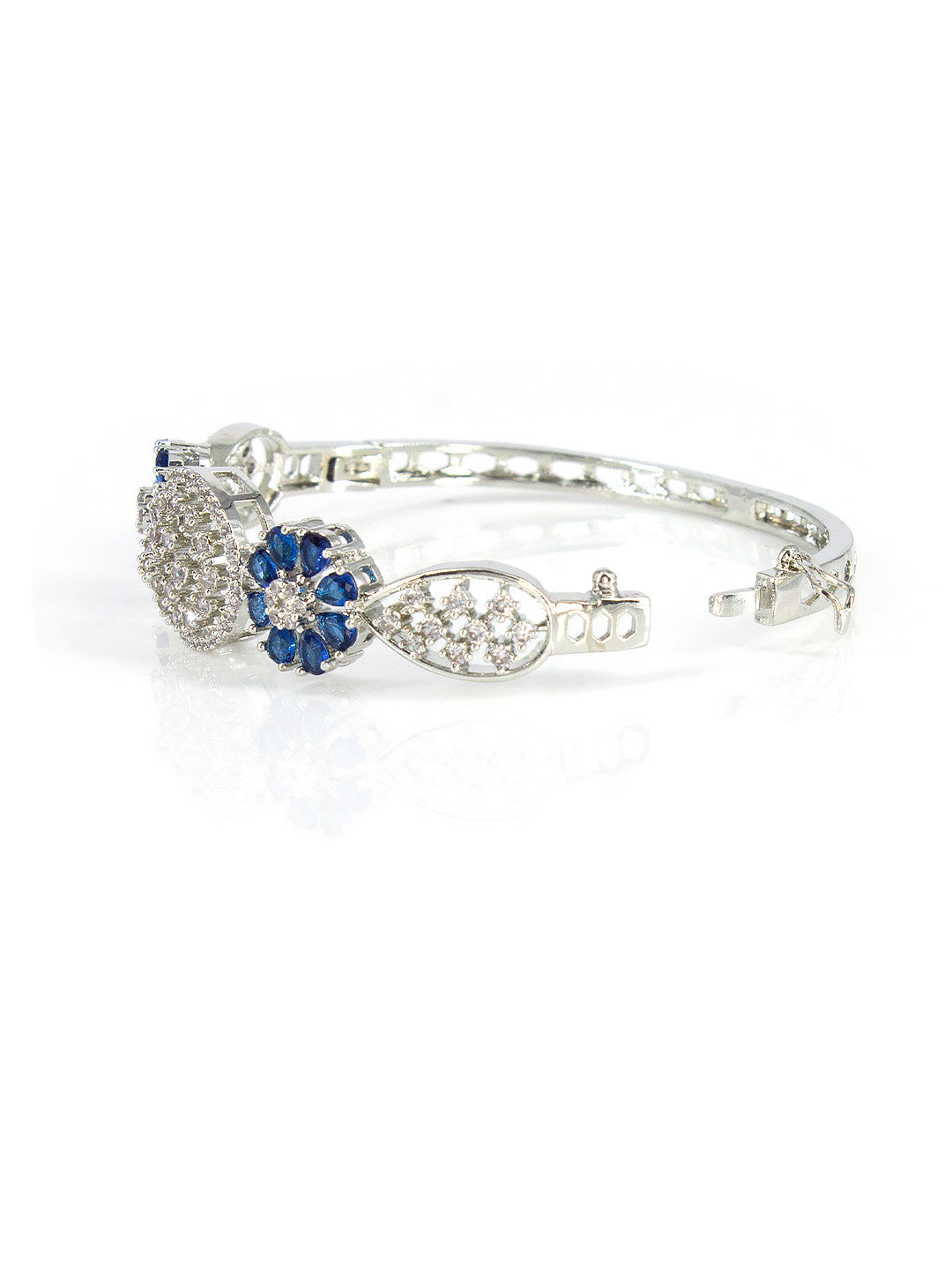 Silver Plated Blue AD Floral Cuff Bracelet For Women
