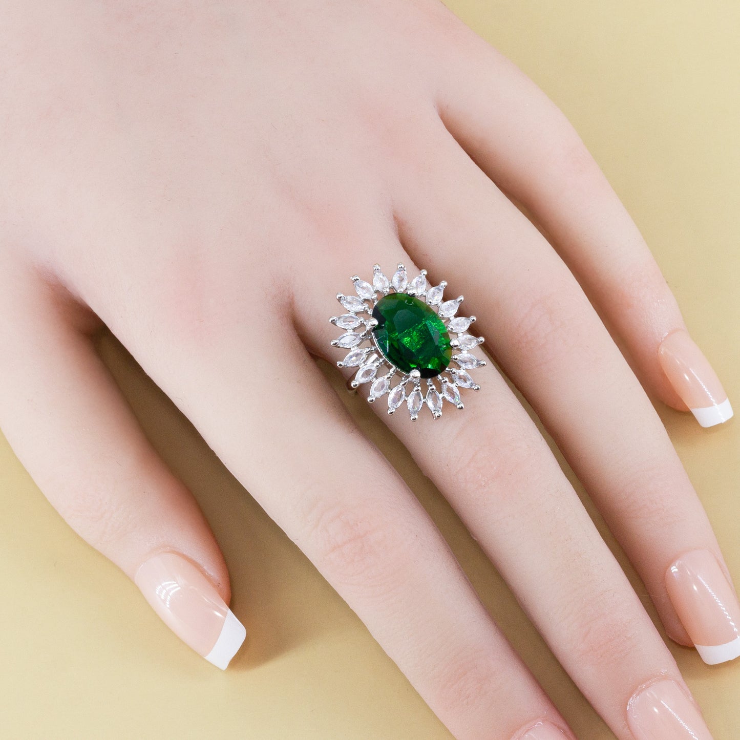 Rhodium Plated Green AD Finger Ring for Women