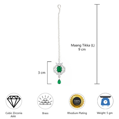 Silver Plated Green AD Maang Tikka for Women